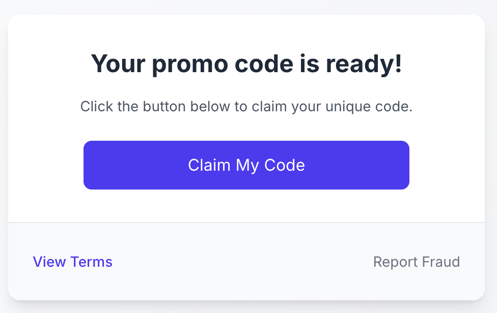 Promo Code Queue platform showing 'Your promo code is ready' interface